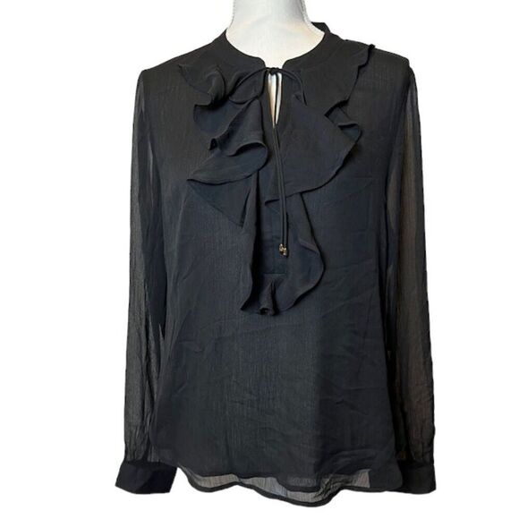 NWOT Tommy Hilfiger Black Ruffle Tie Front Sheer Sleeve Blouse Size Medium - Picture 1 of 9
